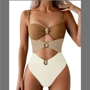 Stylish Brown and Cream Cutout Swimsuit